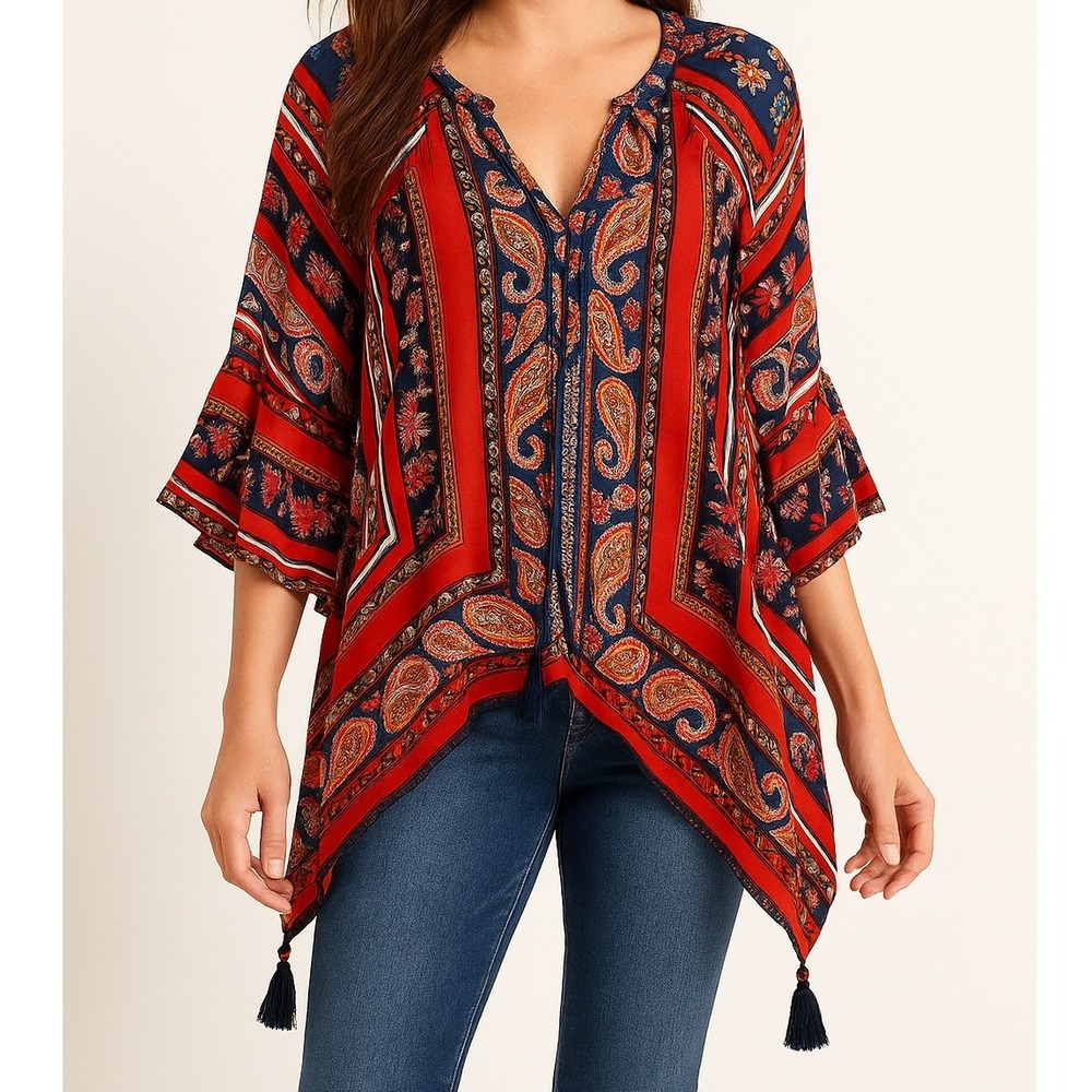 Democracy Paisley Print Blouse Tassel Embroidery Large Boho Hippie Chic Festival